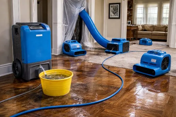 Dehumidifier and air movers drying a wet parquet floor in a living room