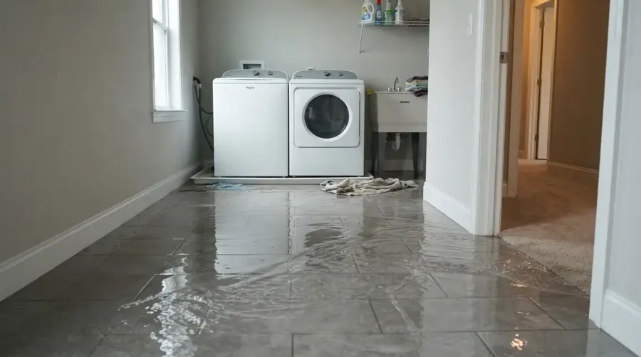 Laundry room tile floor under water from a washer supply line leak in Mission Viejo