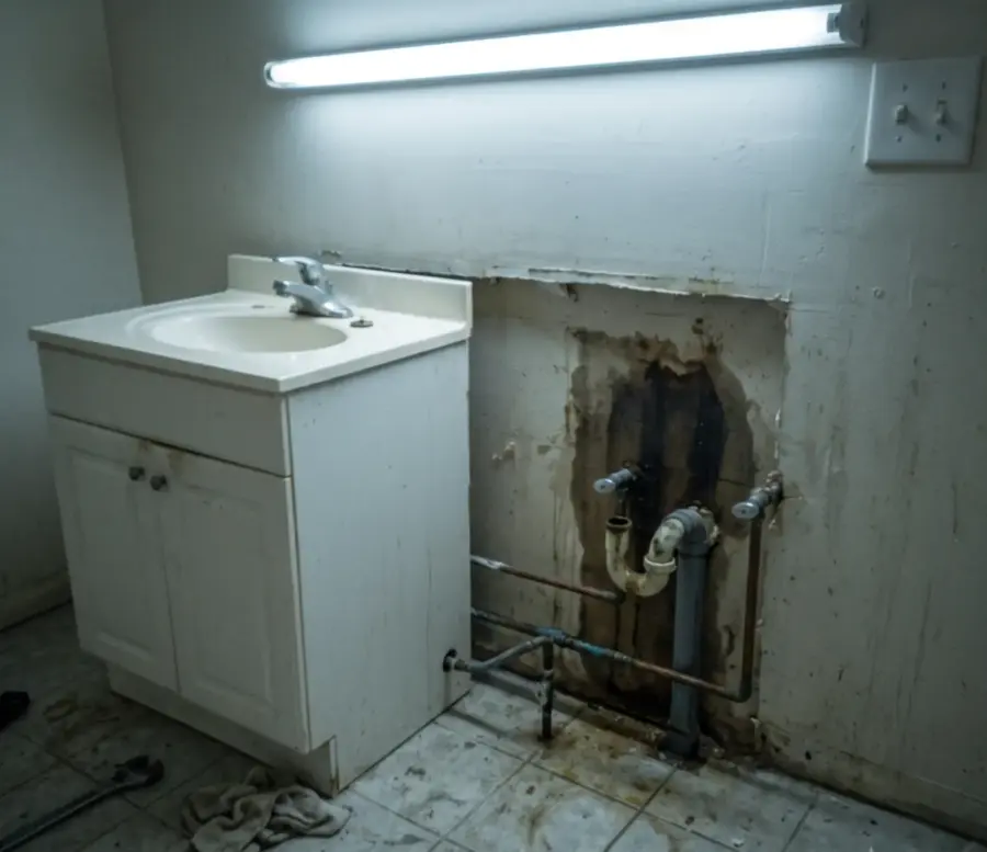 Bathroom wall opened behind a vanity to reach leaking supply and drain lines